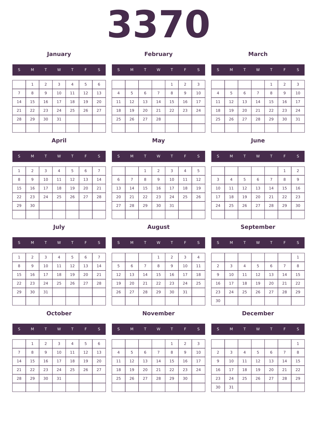 Printable 3370 Year Calendars aubergine
