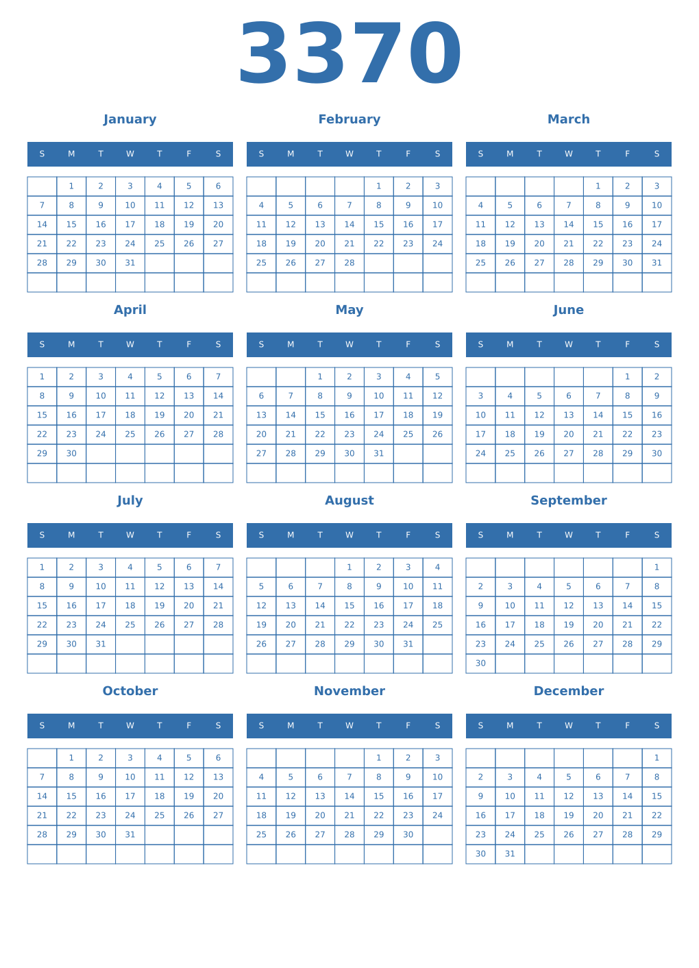 Printable 3370 Year Calendars blue