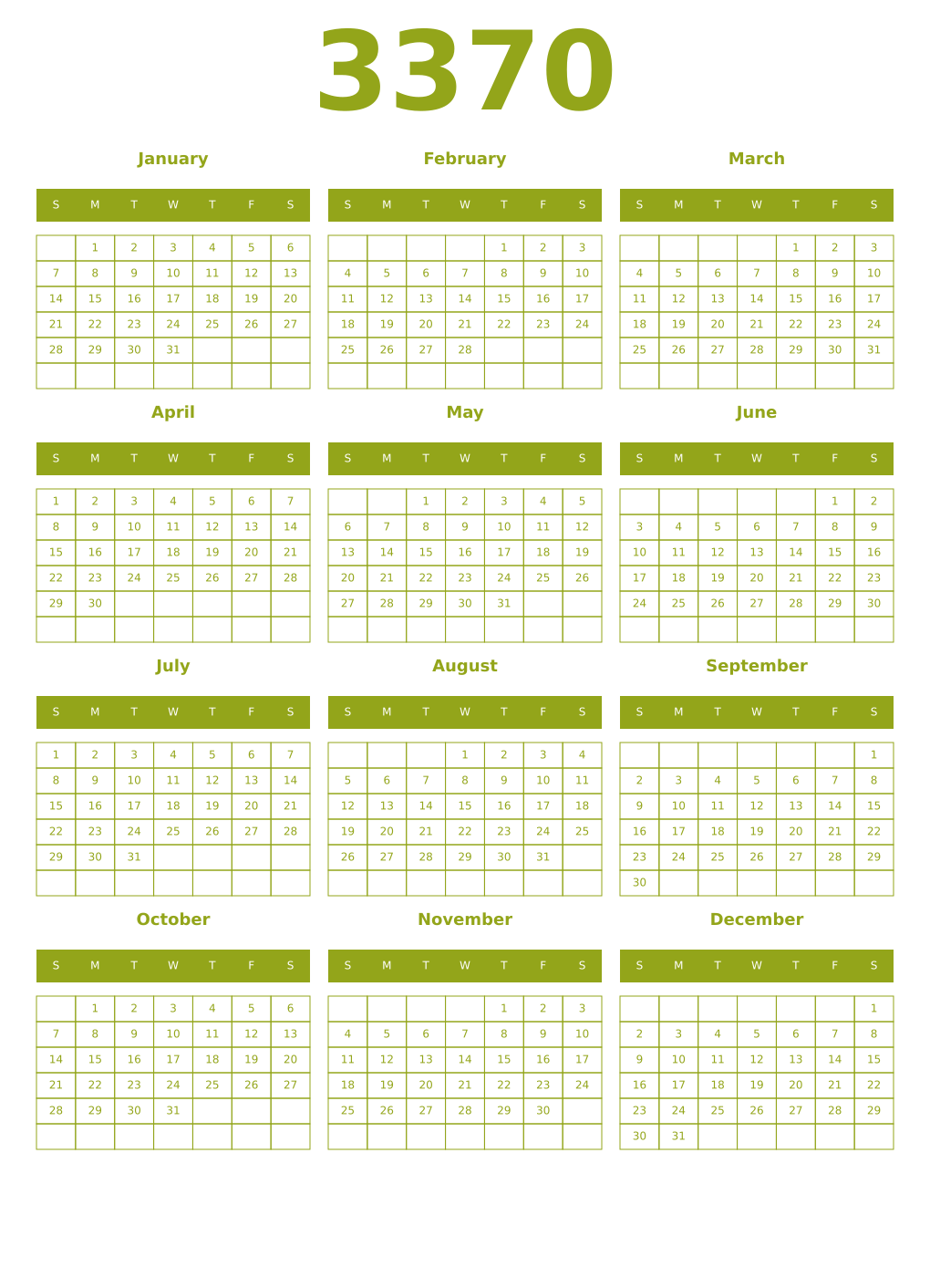 Printable 3370 Year Calendars chartreuse