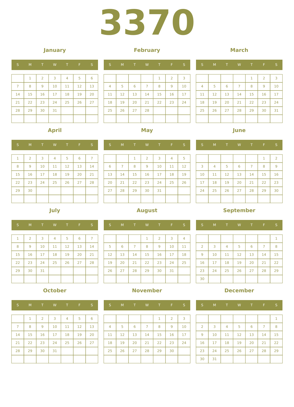 Printable 3370 Year Calendars eburnean