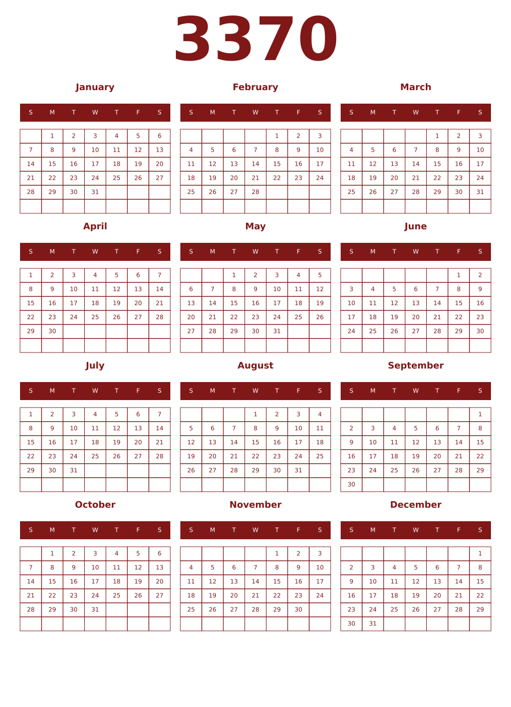 Printable 3370 Year Calendars falu