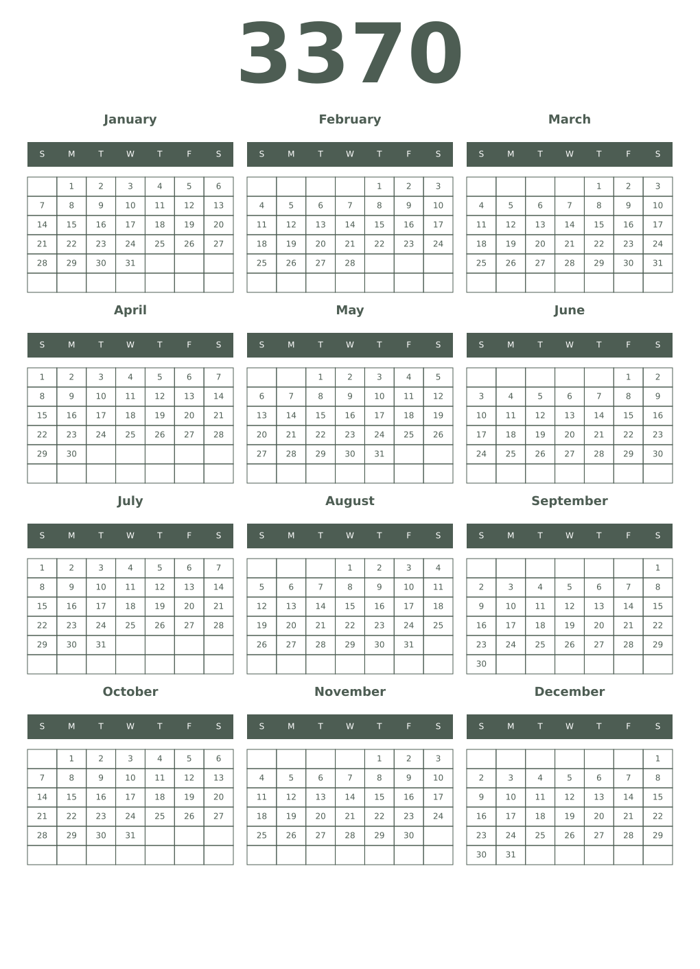 Printable 3370 Year Calendars feldgrau