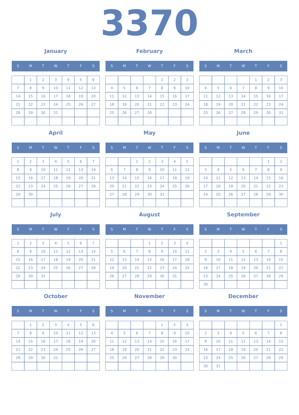 Printable 3370 Year Calendars glaucous