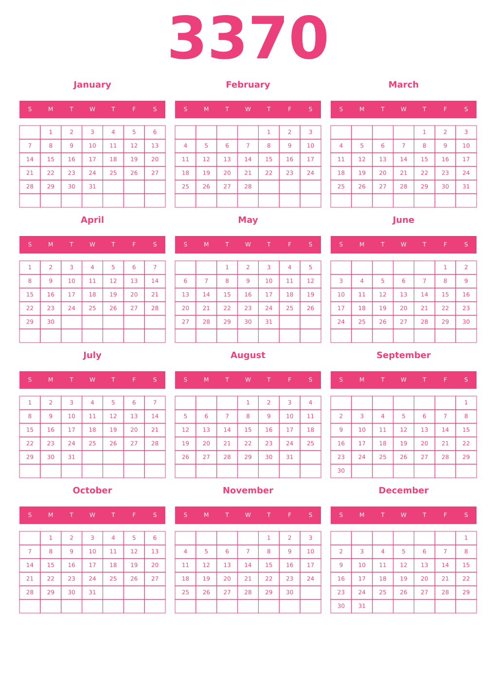 Printable 3370 Year Calendars pink
