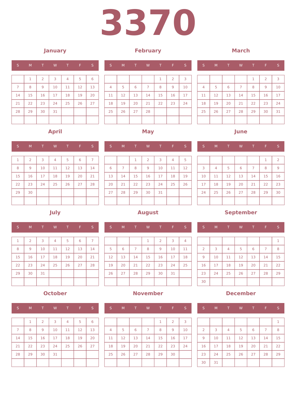 Printable 3370 Year Calendars puce