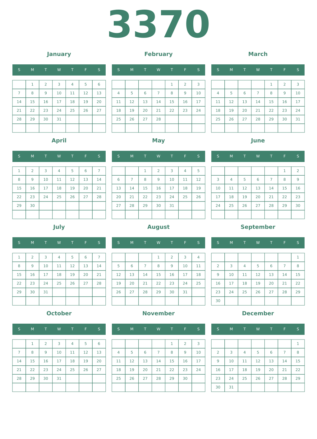 Printable 3370 Year Calendars viridian