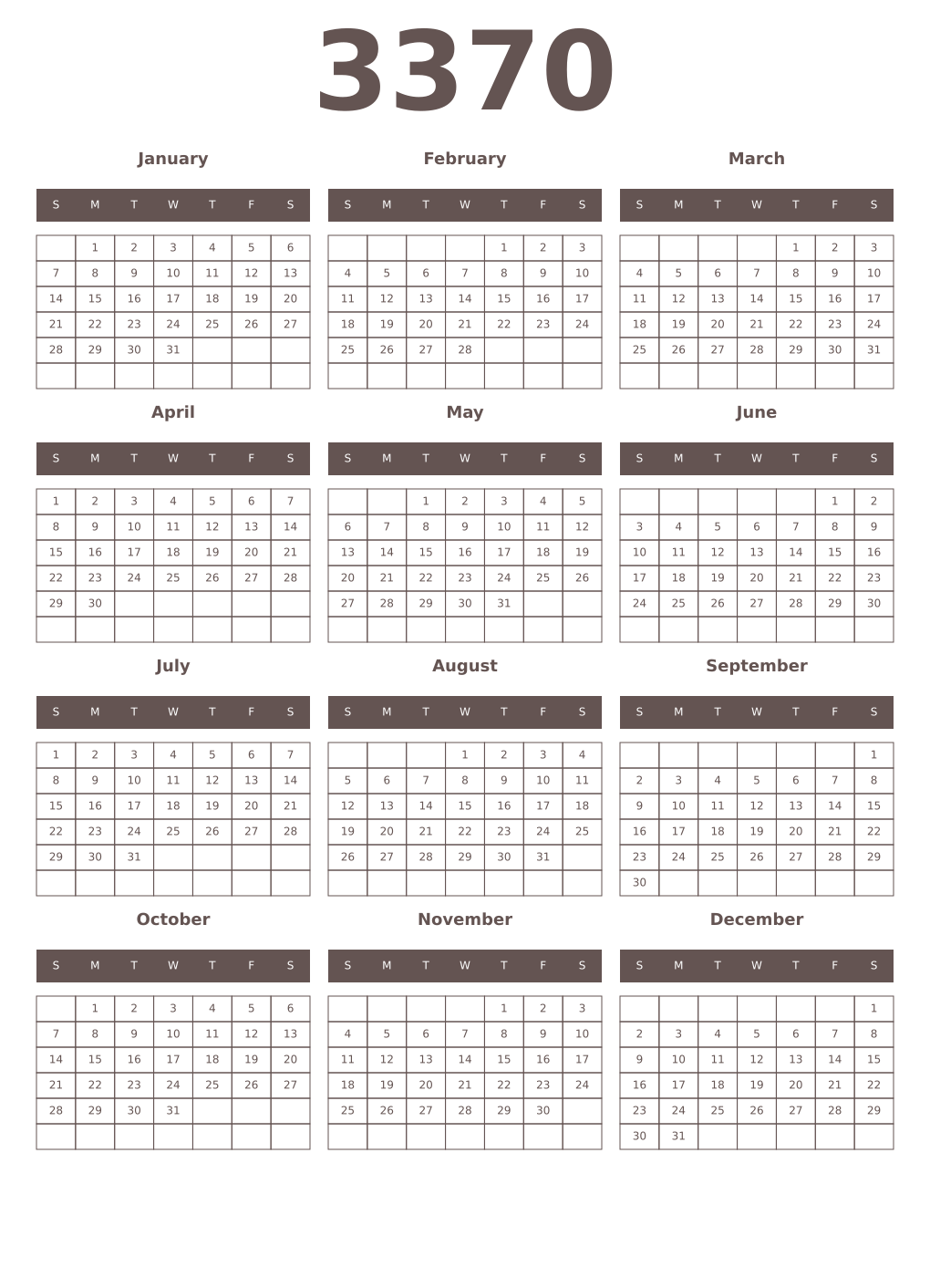 Printable 3370 Year Calendars wenge