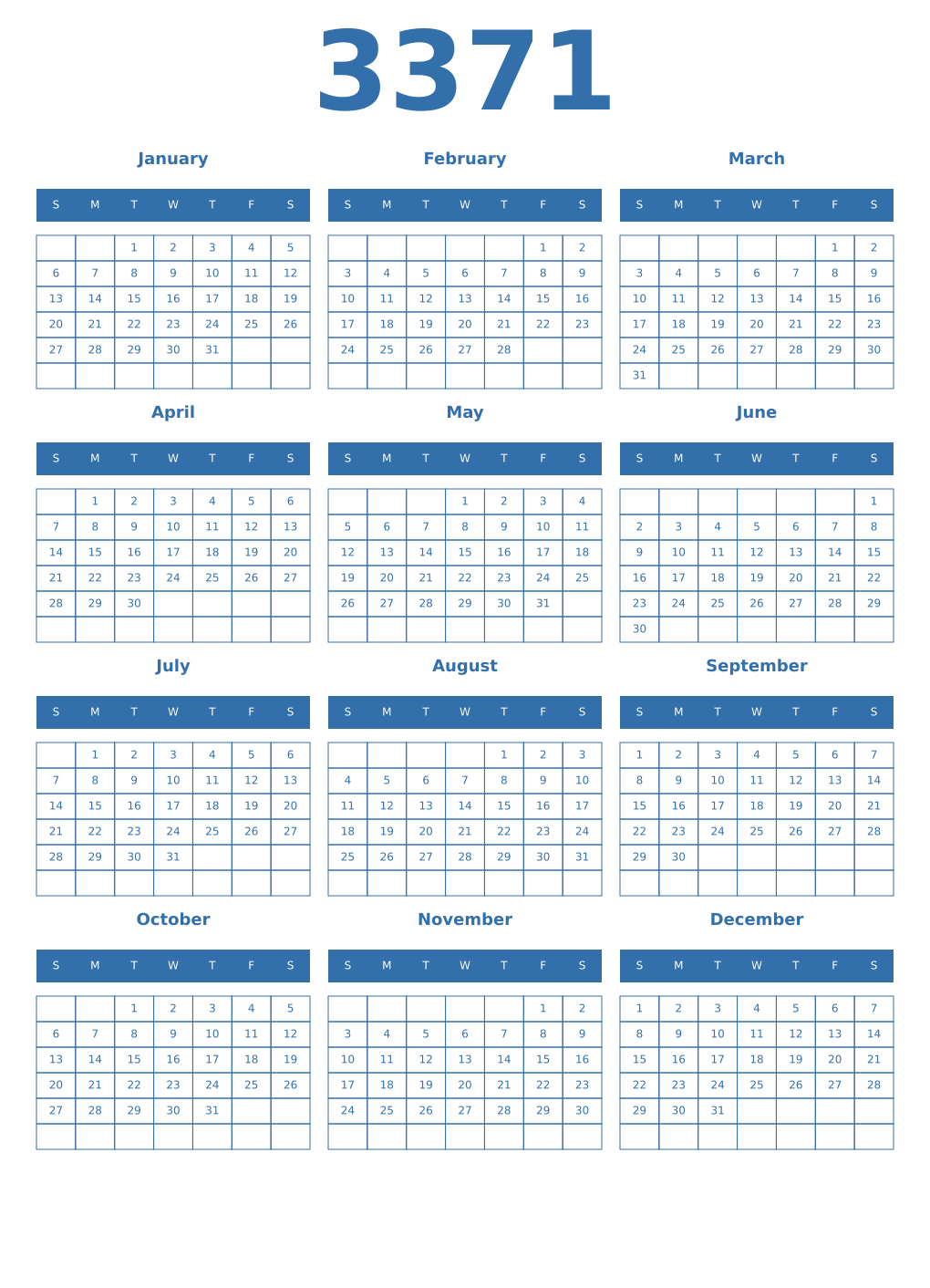 Printable 3371 Year Calendars blue