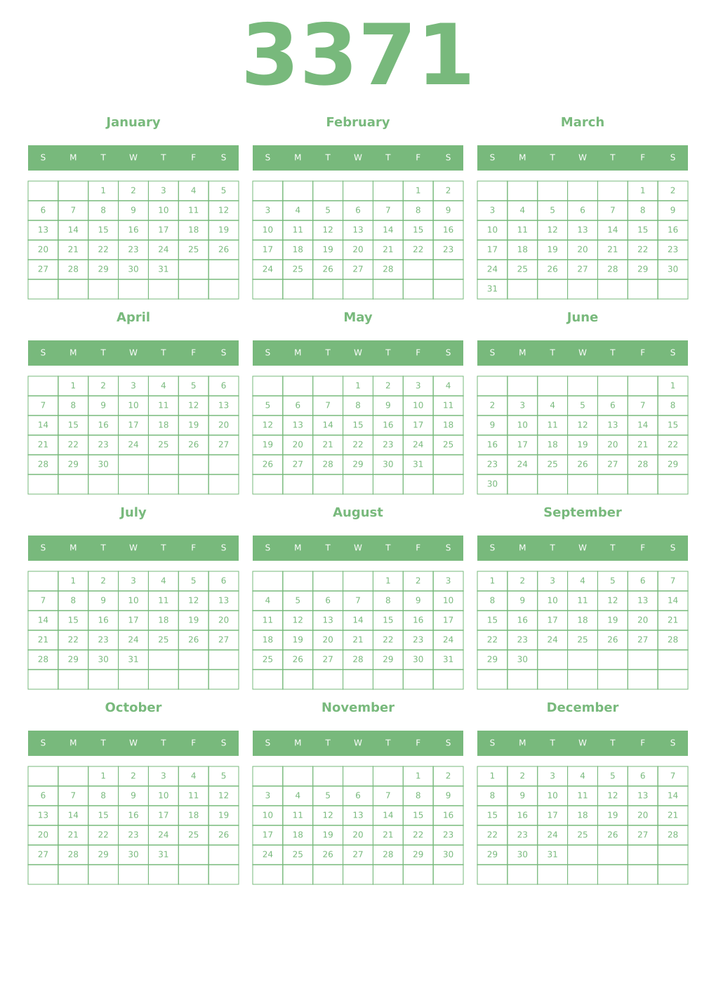 Printable 3371 Year Calendars celadon