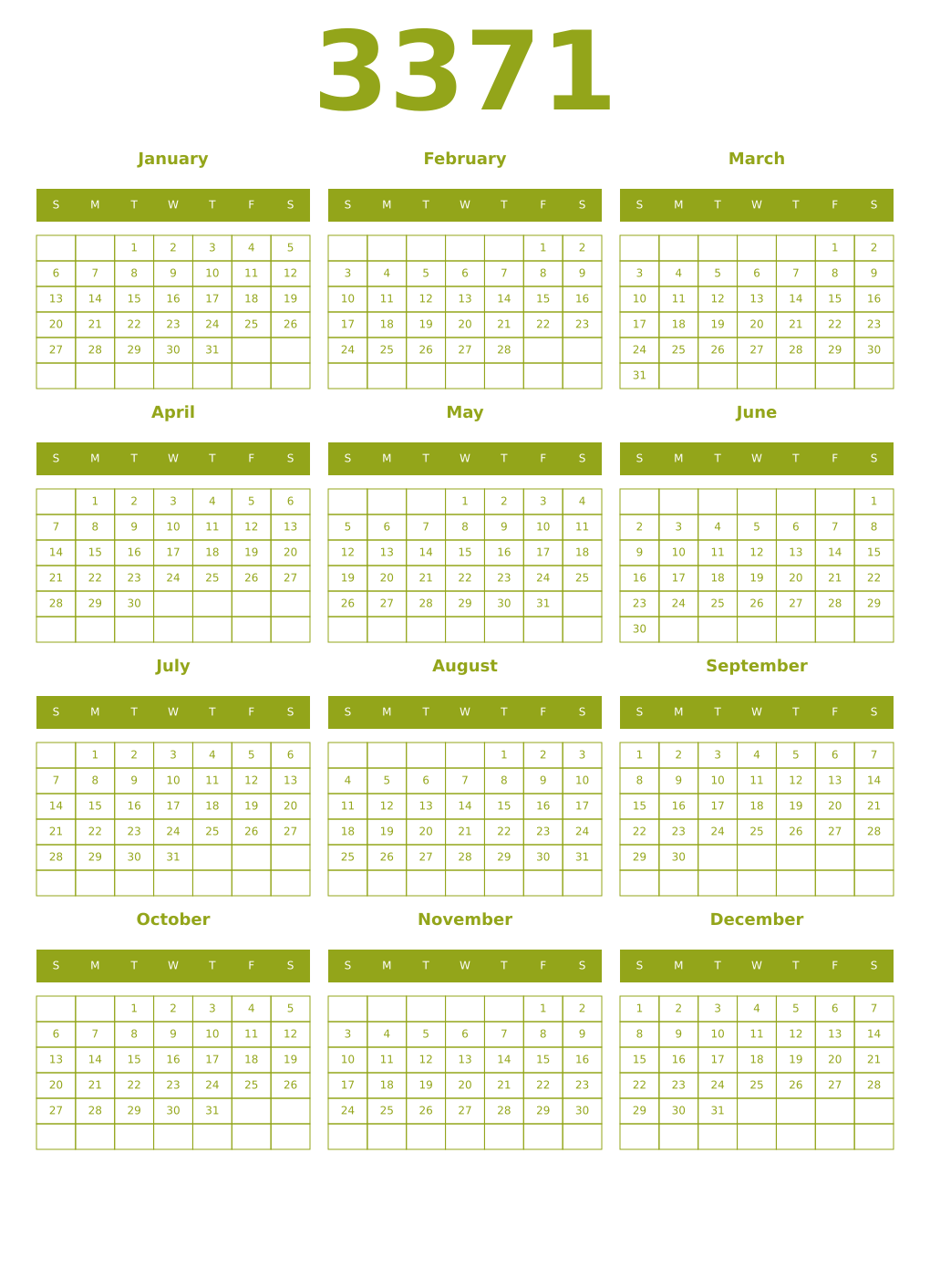 Printable 3371 Year Calendars chartreuse