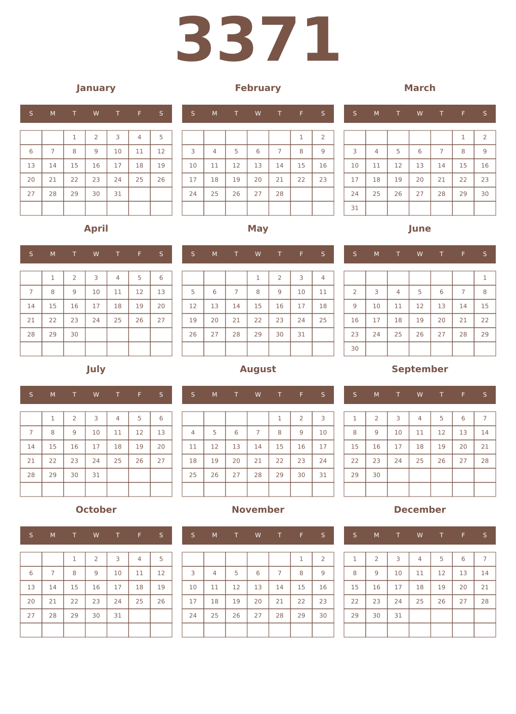 Printable 3371 Year Calendars coffe