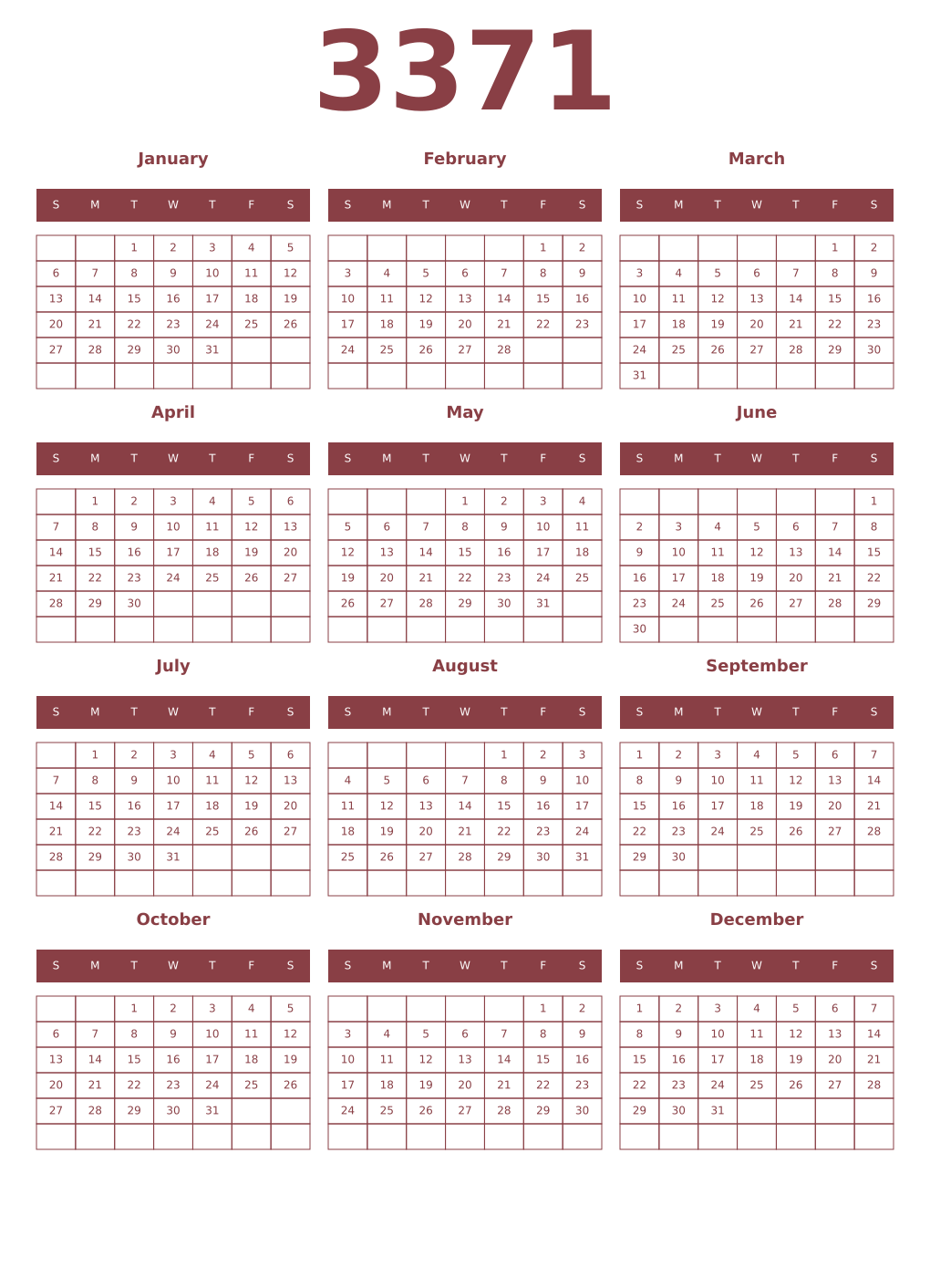 Printable 3371 Year Calendars cordovan