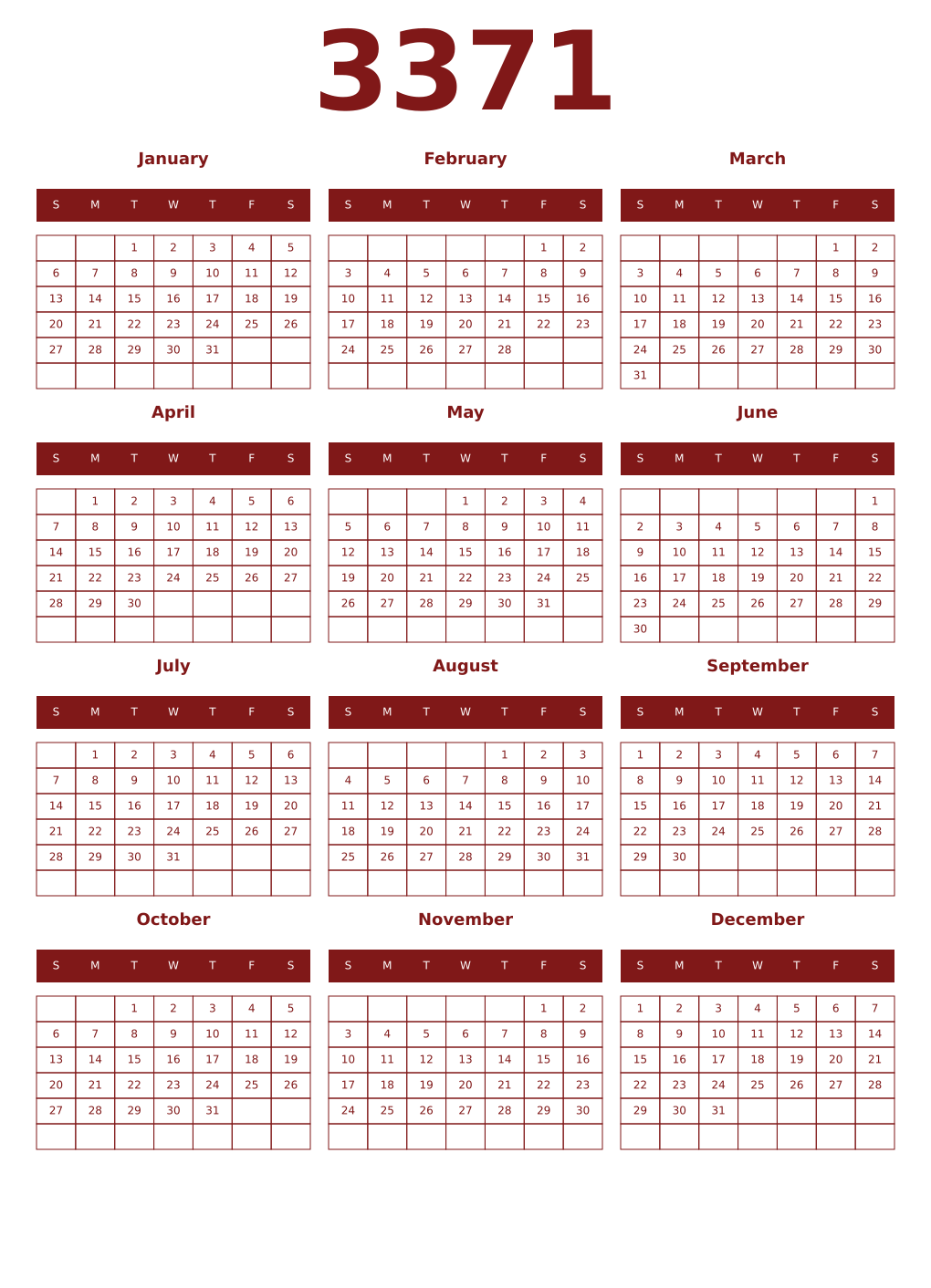 Printable 3371 Year Calendars falu