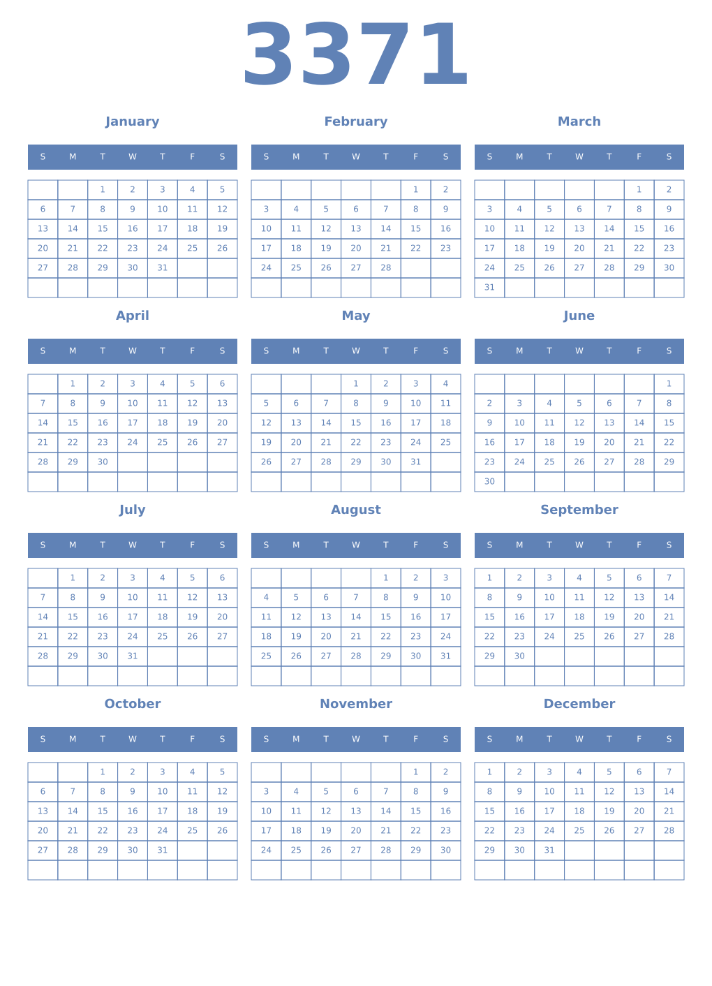 Printable 3371 Year Calendars glaucous