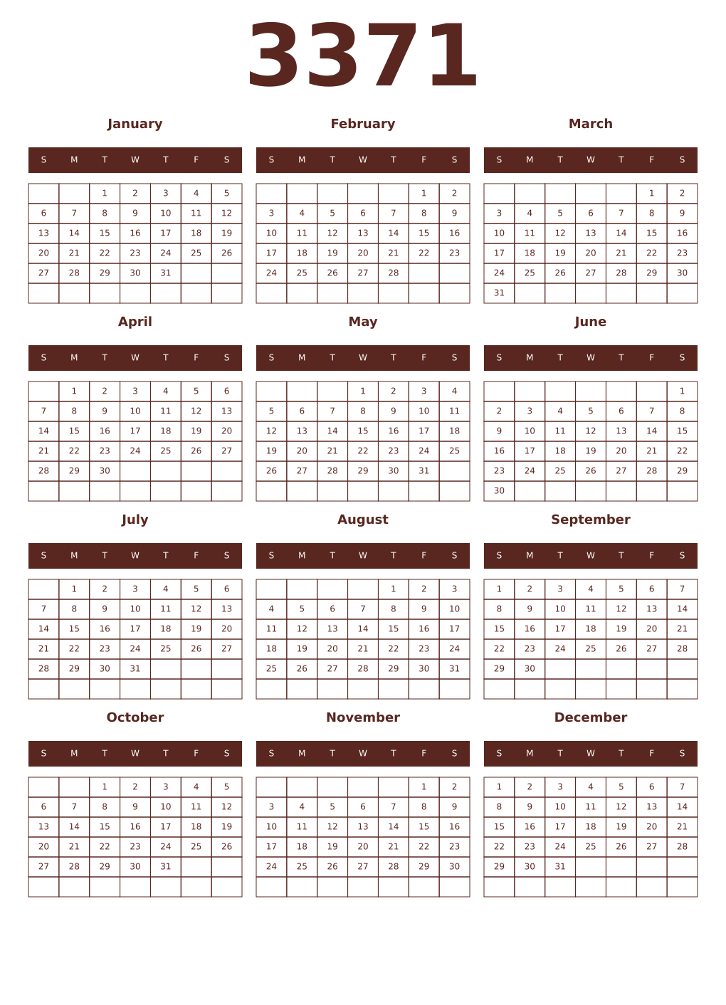 Printable 3371 Year Calendars mortuum