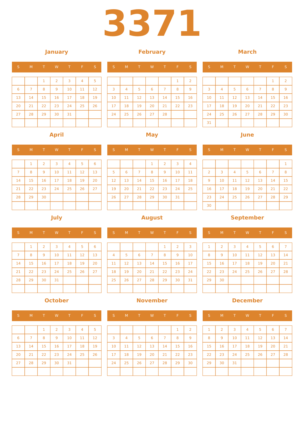 Printable 3371 Year Calendars orange