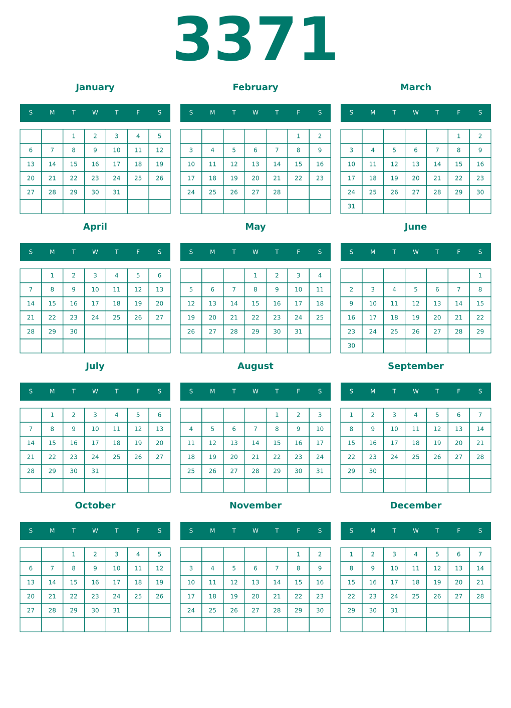 Printable 3371 Year Calendars pastel