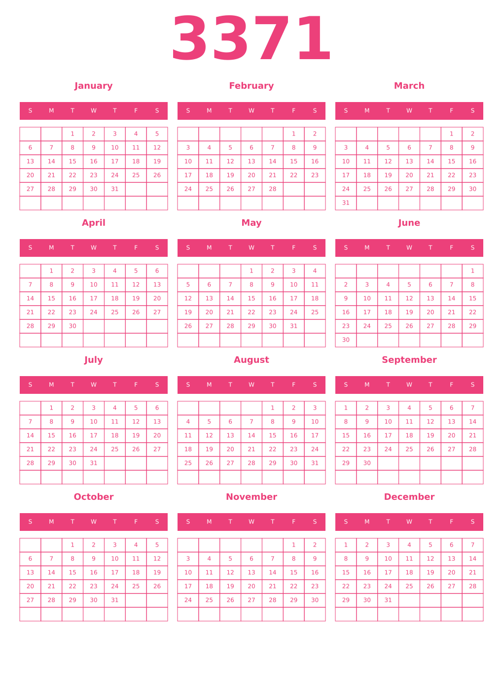 Printable 3371 Year Calendars pink