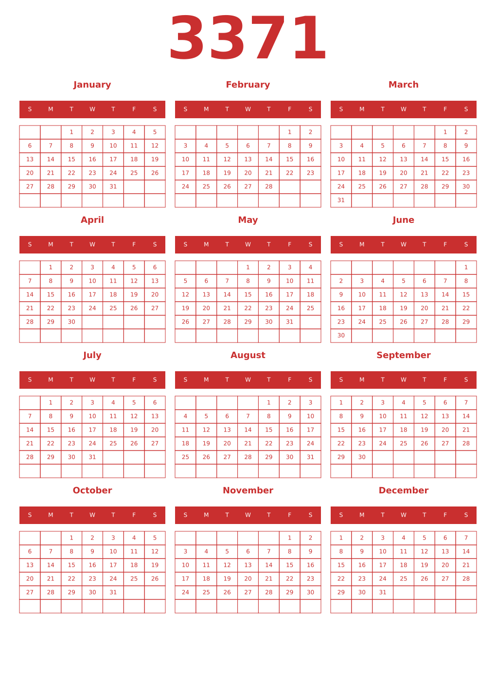 Printable 3371 Year Calendars red