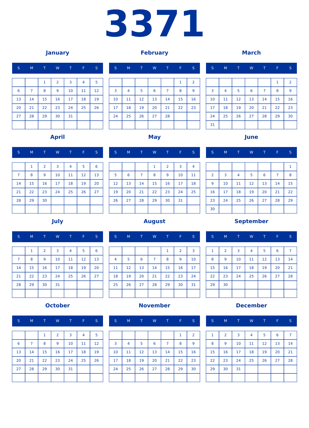 Printable 3371 Year Calendars smalt