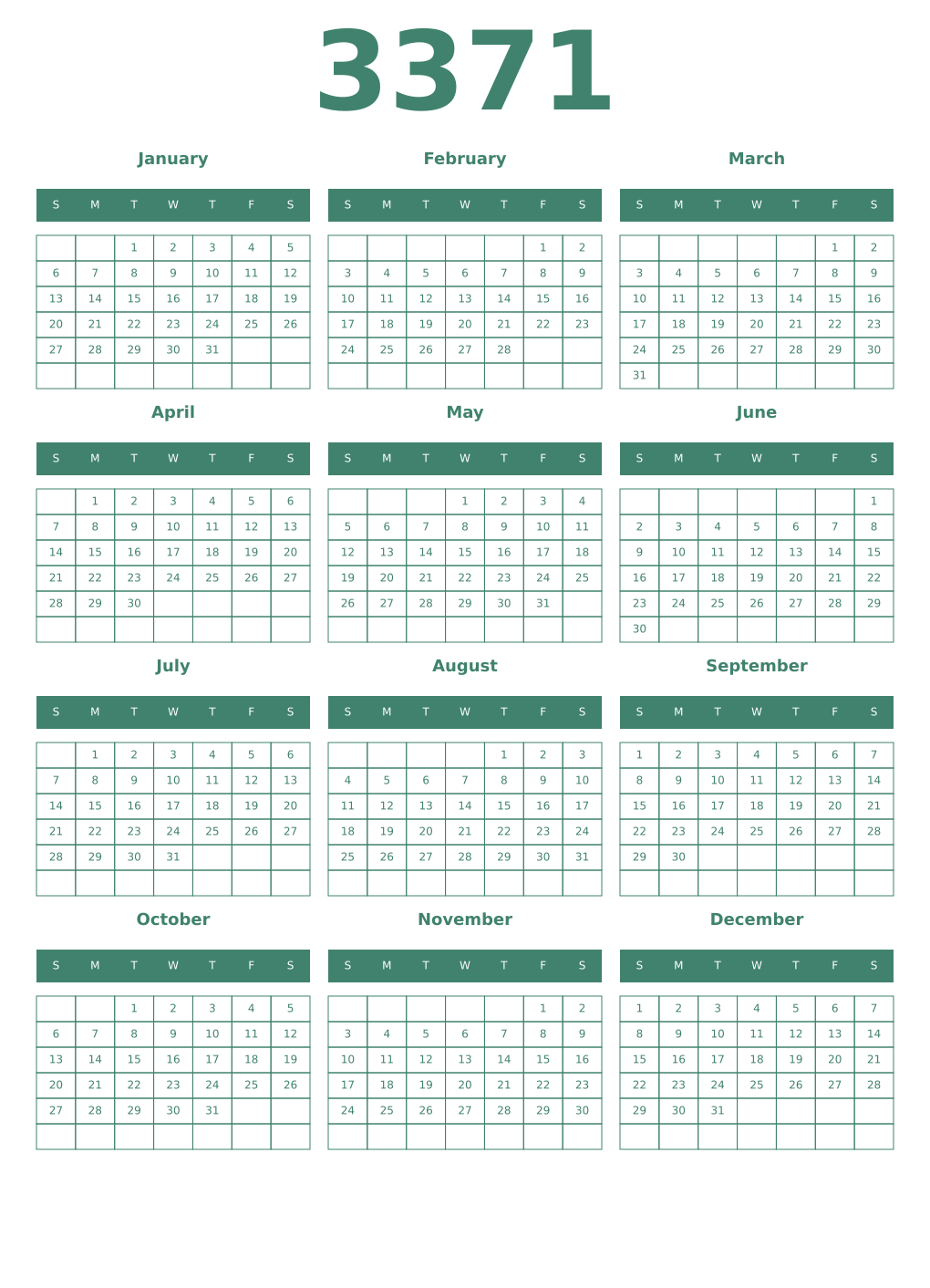 Printable 3371 Year Calendars viridian