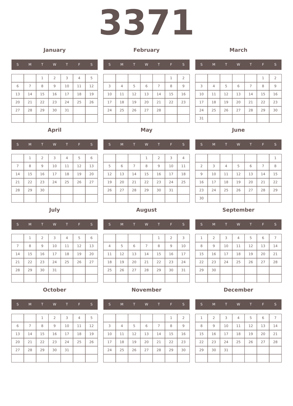 Printable 3371 Year Calendars wenge