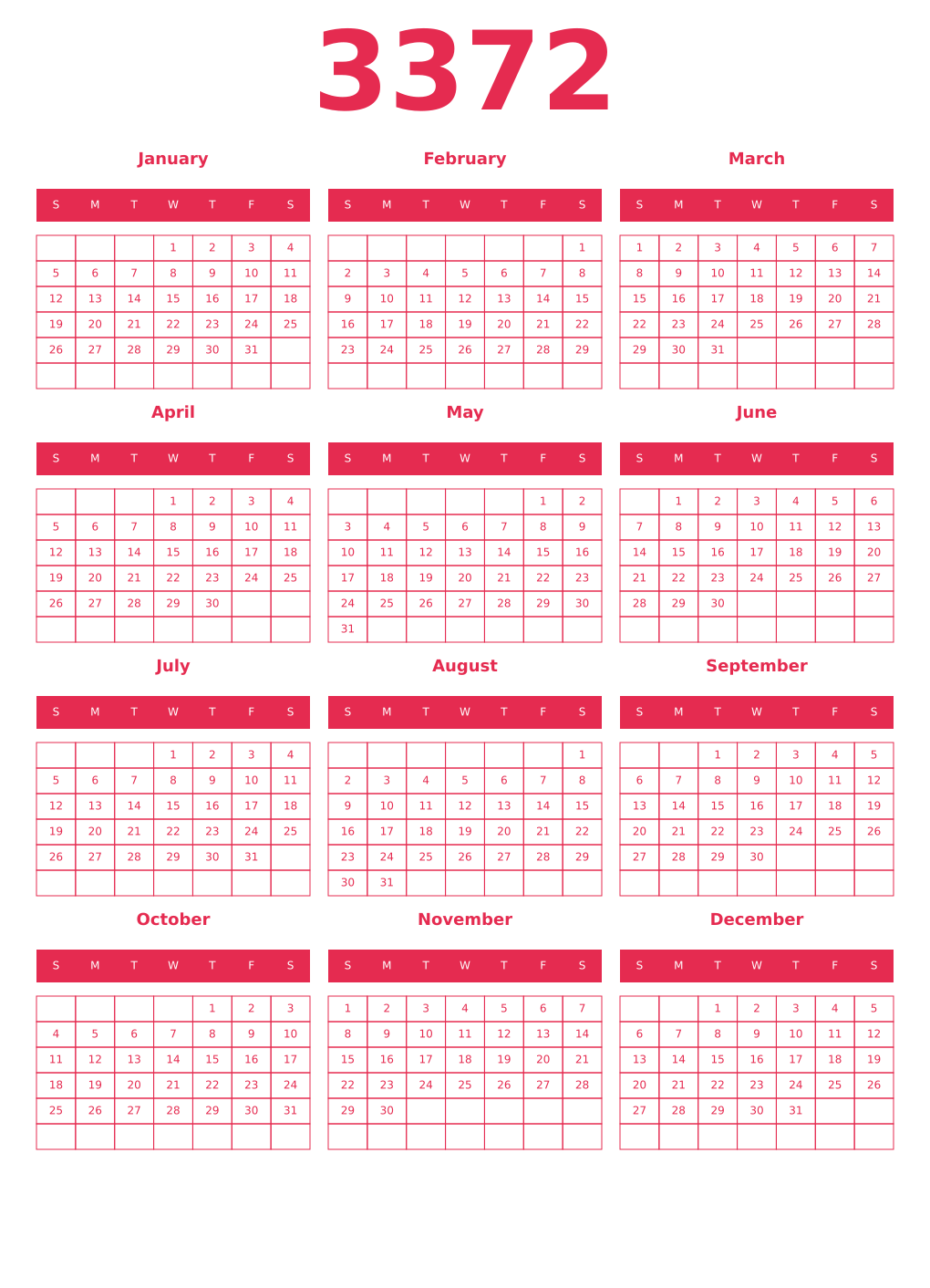 Printable 3372 Year Calendars amaranth