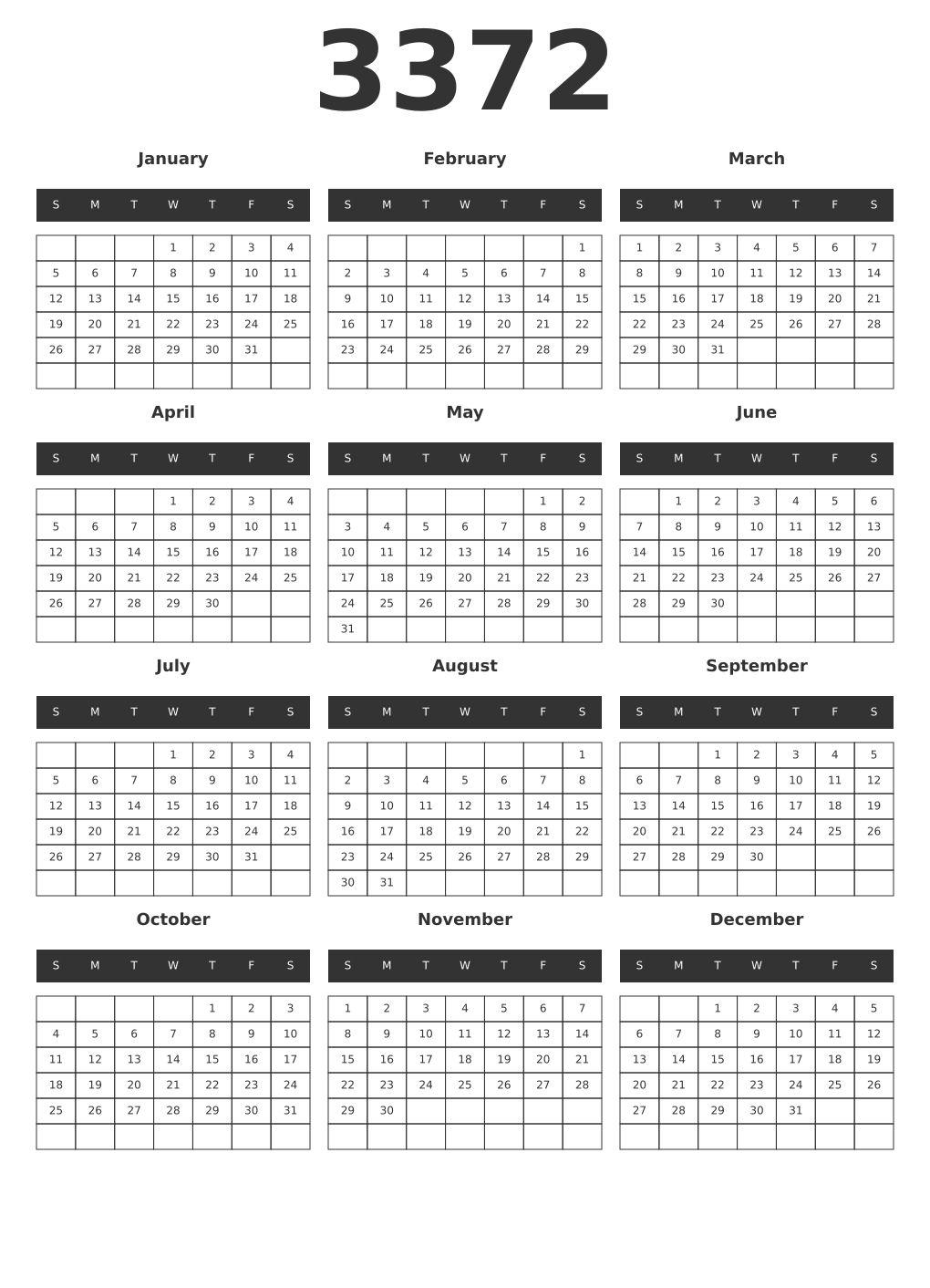 Printable 3372 Year Calendars dark