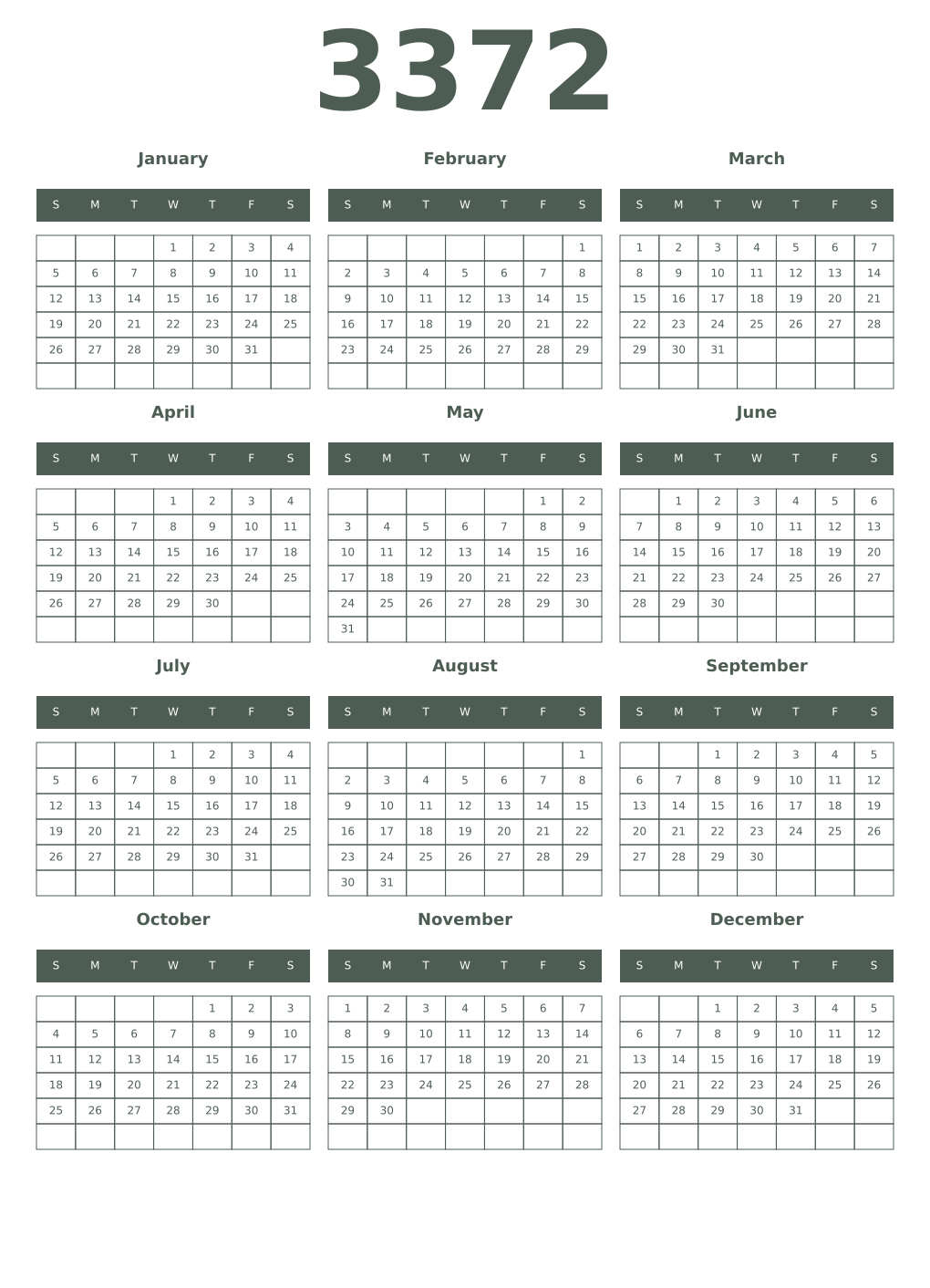 Printable 3372 Year Calendars feldgrau