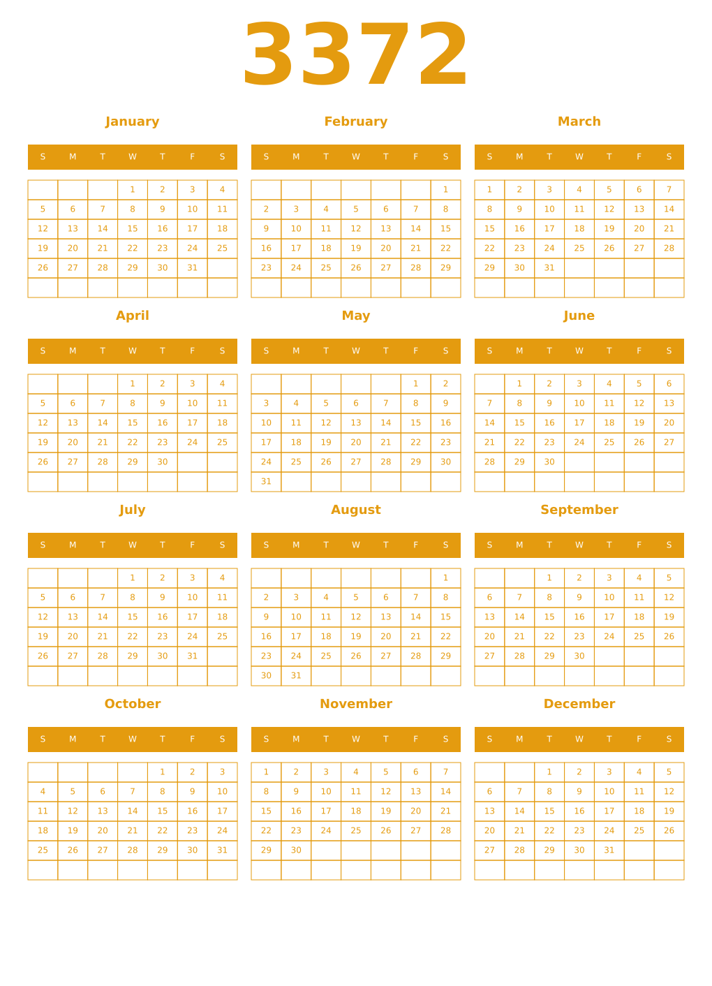 Printable 3372 Year Calendars gamboge