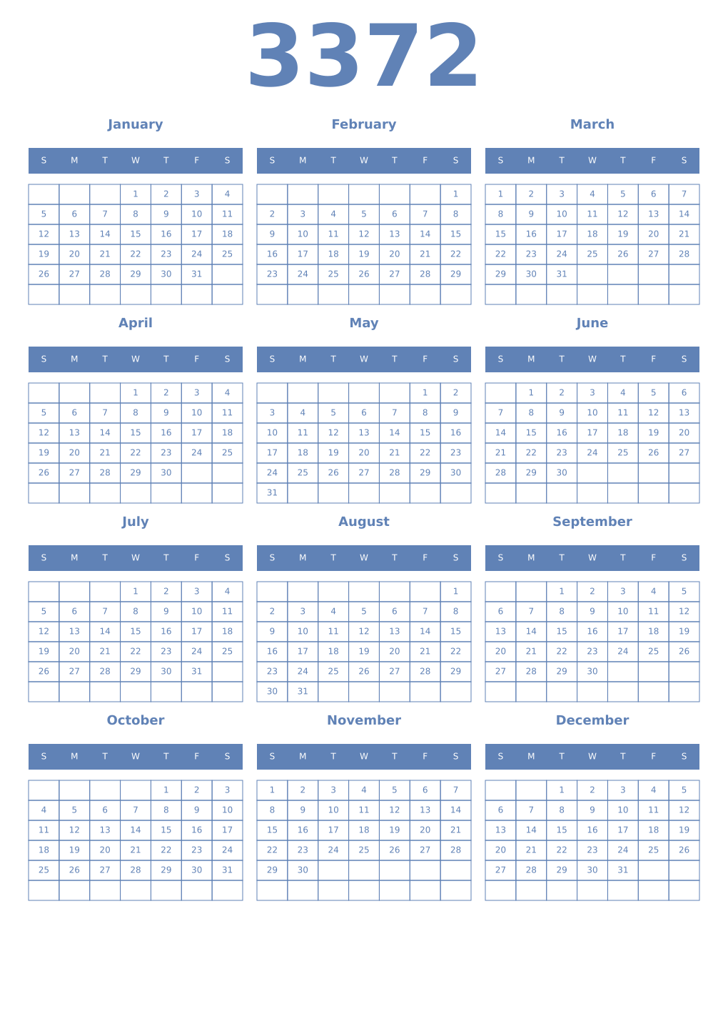 Printable 3372 Year Calendars glaucous