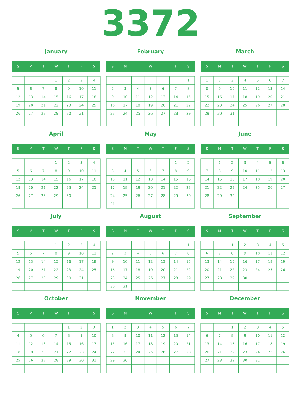 Printable 3372 Year Calendars green