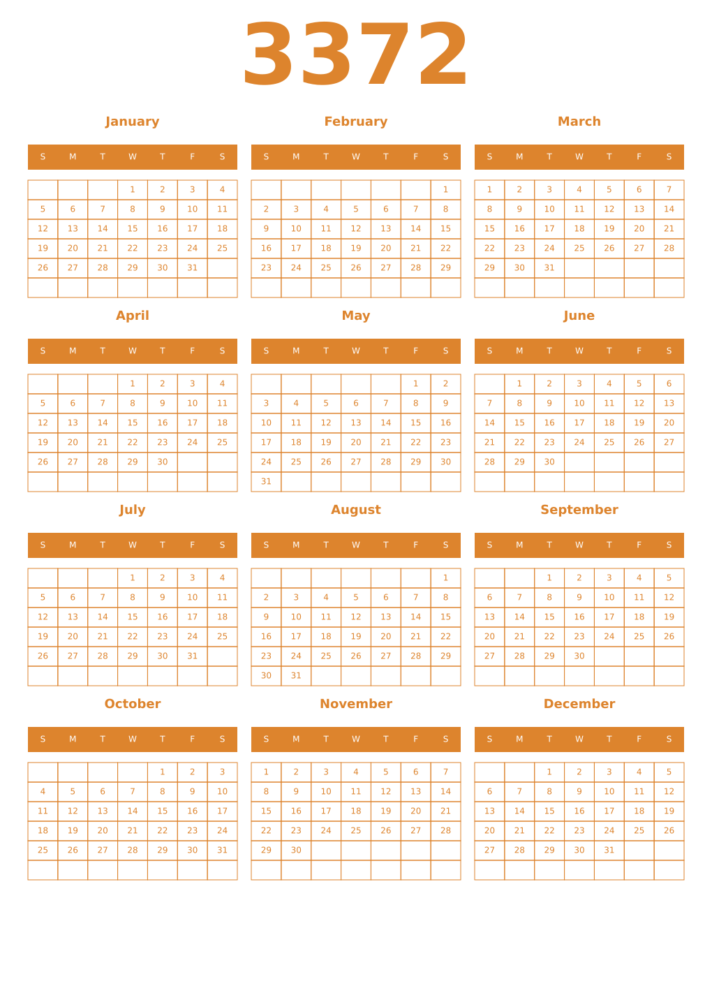 Printable 3372 Year Calendars orange