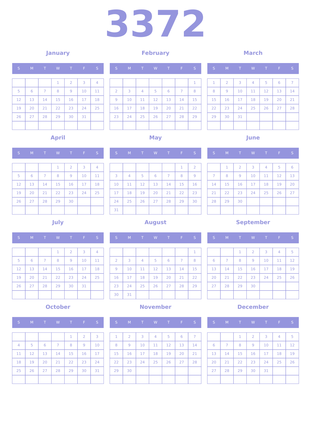 Printable 3372 Year Calendars periwinkle