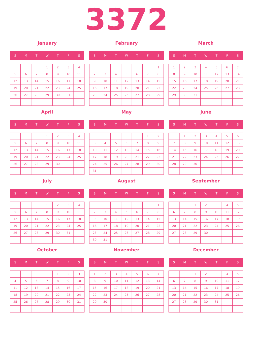 Printable 3372 Year Calendars pink