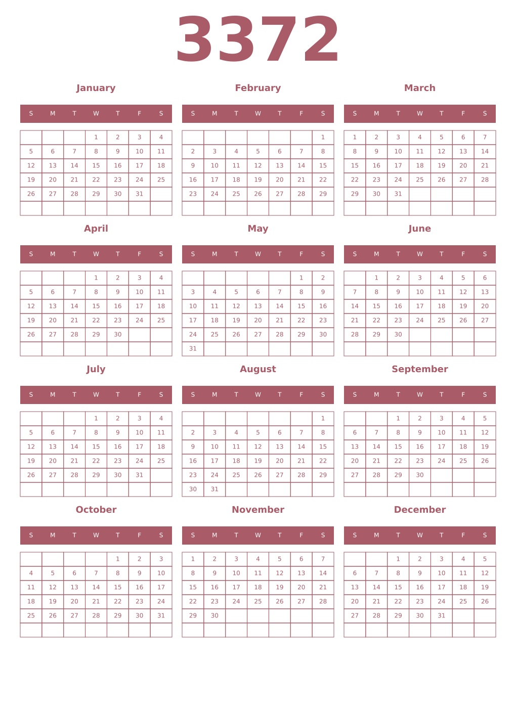 Printable 3372 Year Calendars puce