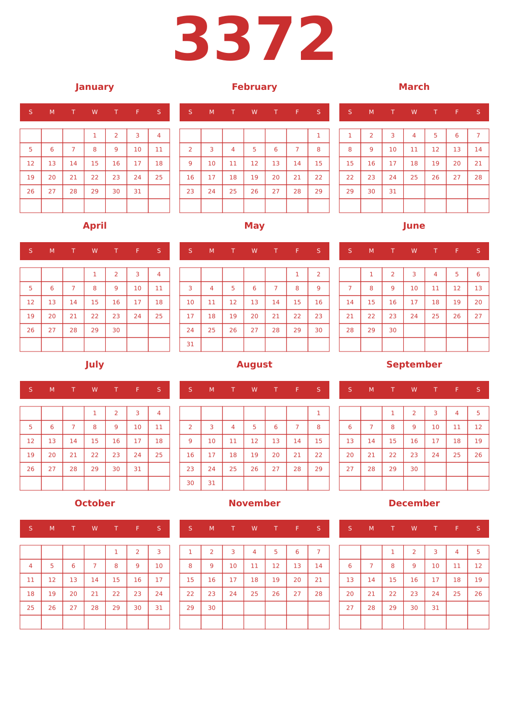 Printable 3372 Year Calendars red