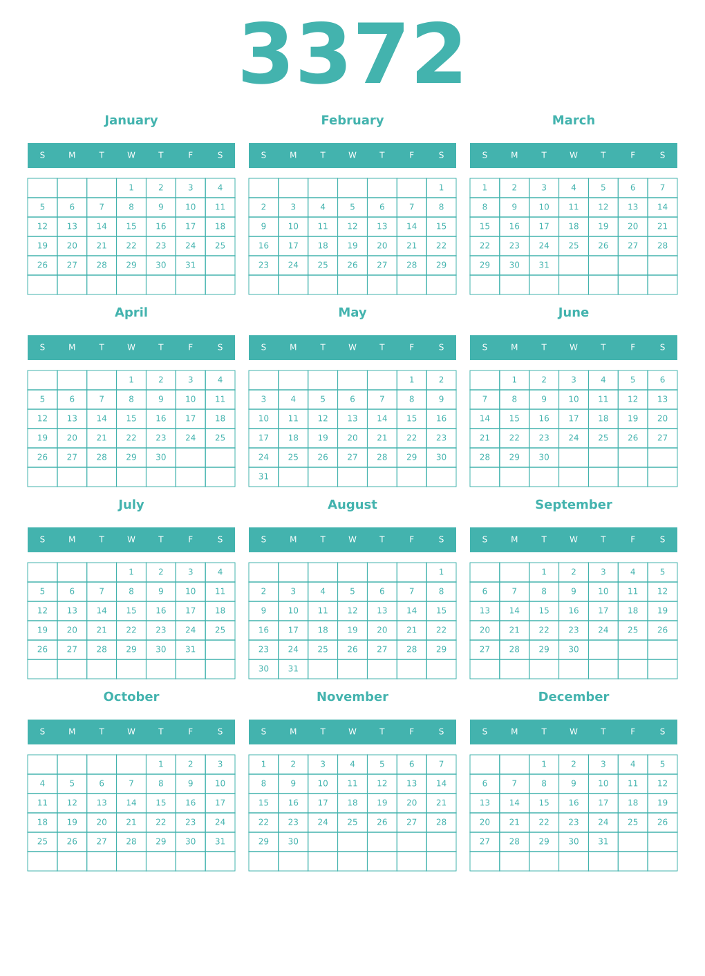 Printable 3372 Year Calendars verdigris