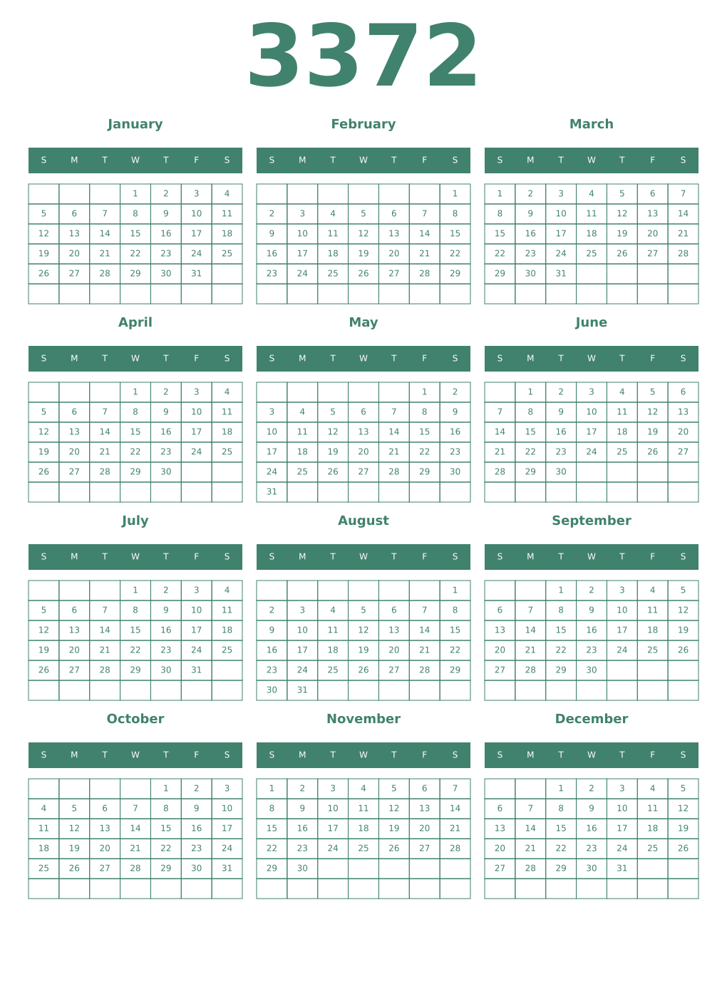 Printable 3372 Year Calendars viridian