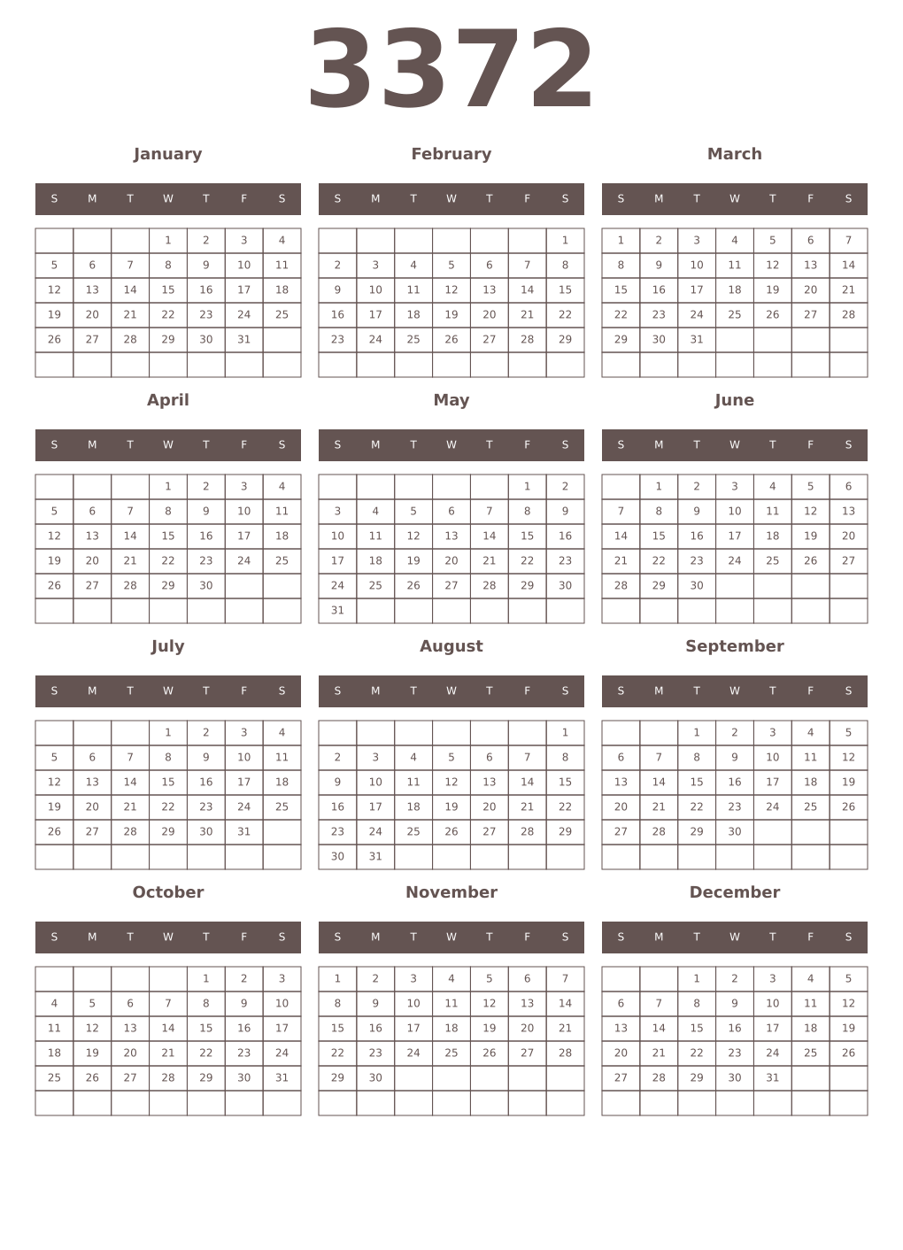 Printable 3372 Year Calendars wenge