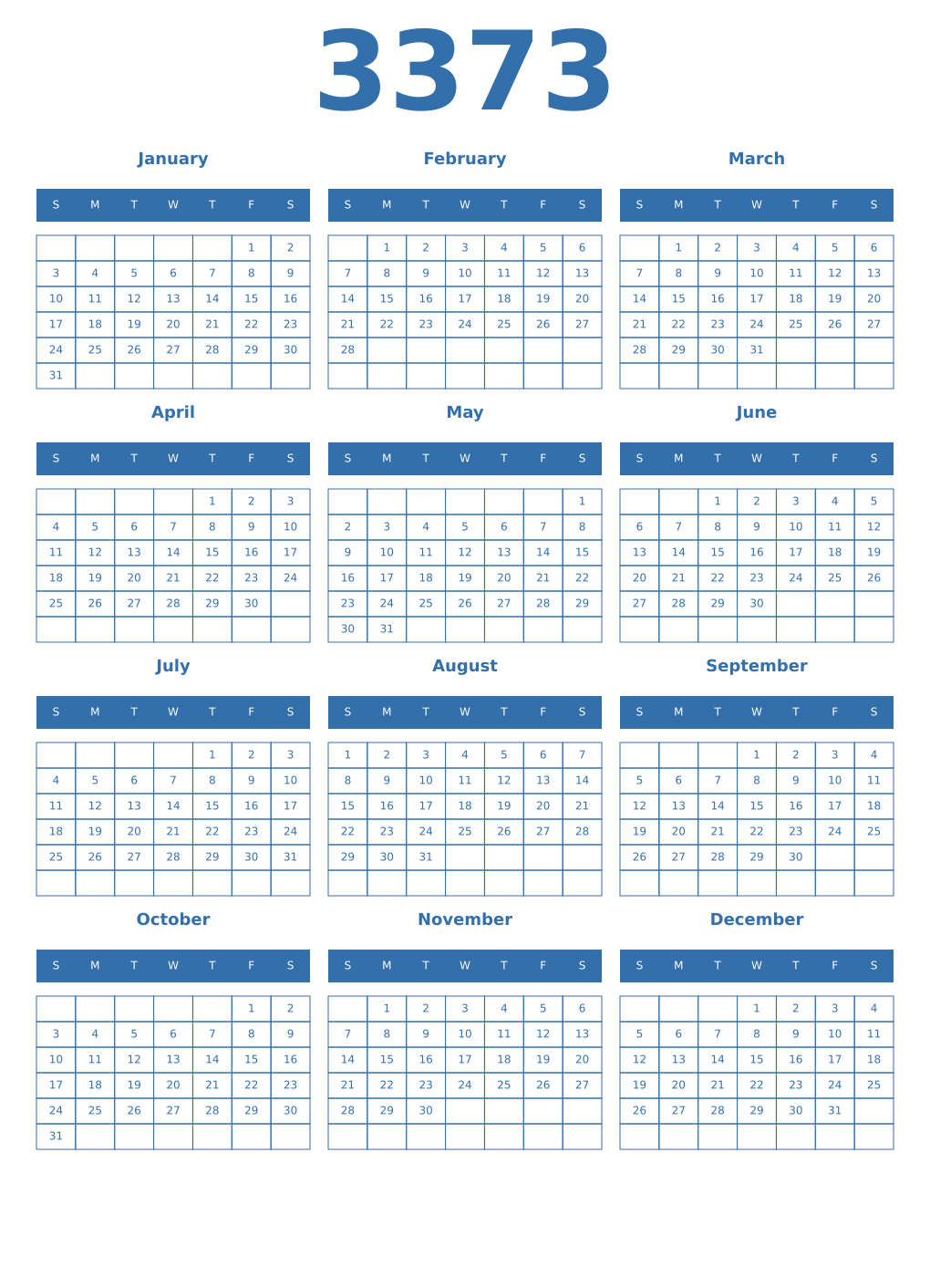 Printable 3373 Year Calendars blue