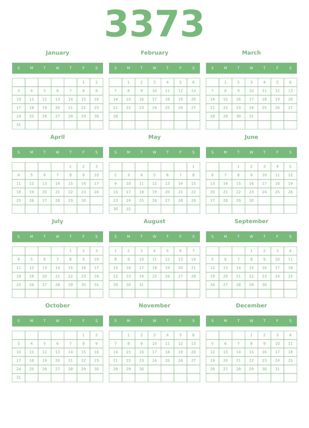 Printable 3373 Year Calendars celadon