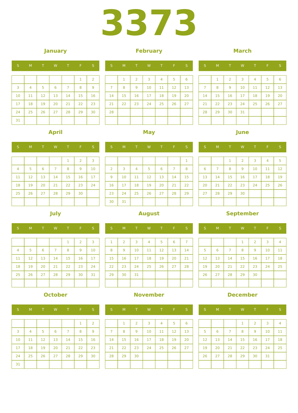 Printable 3373 Year Calendars chartreuse