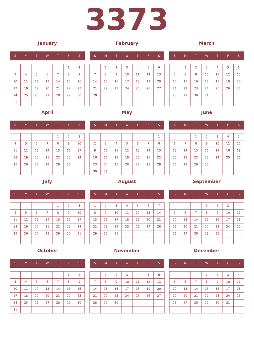 Printable 3373 Year Calendars cordovan