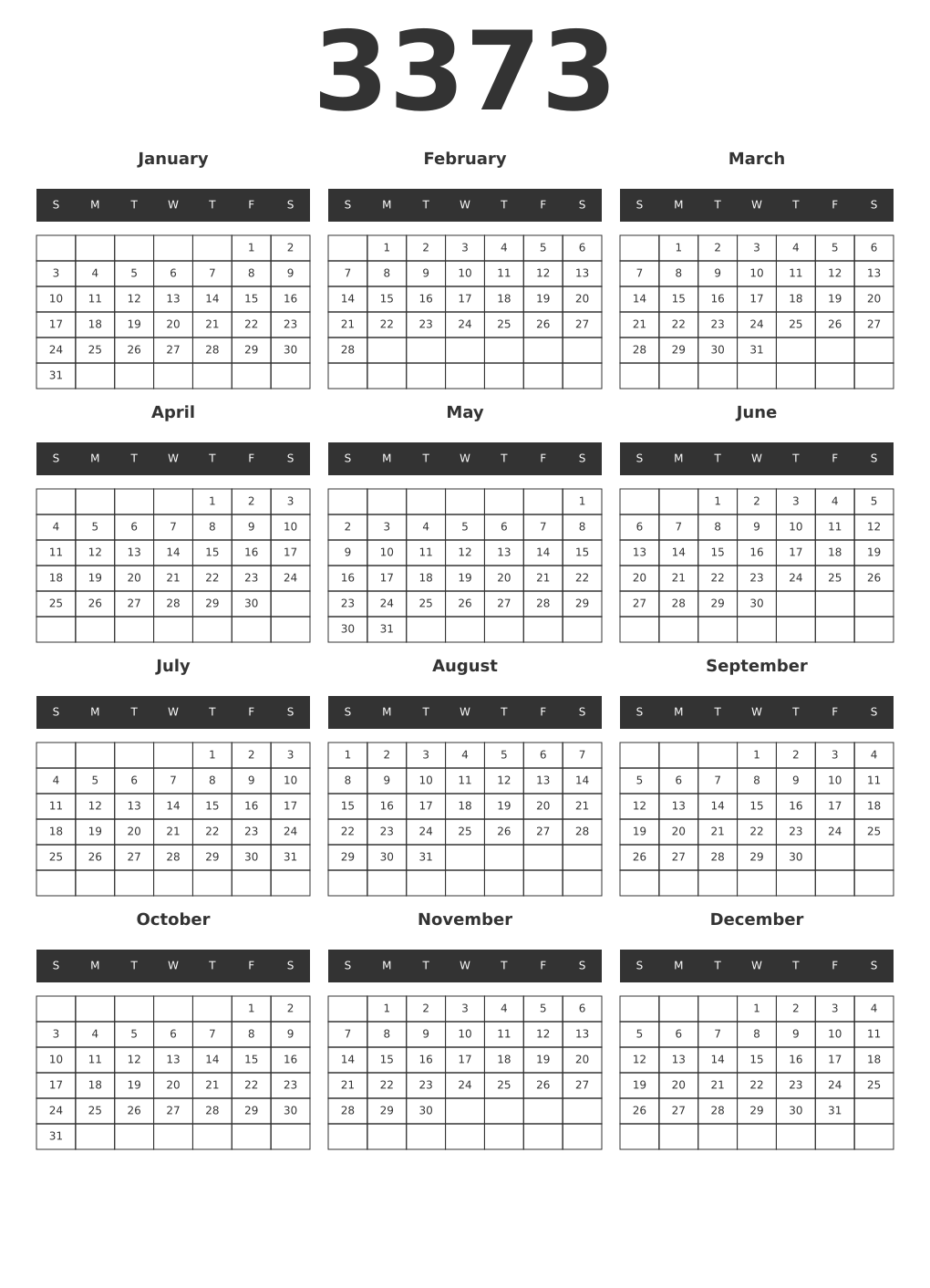 Printable 3373 Year Calendars dark