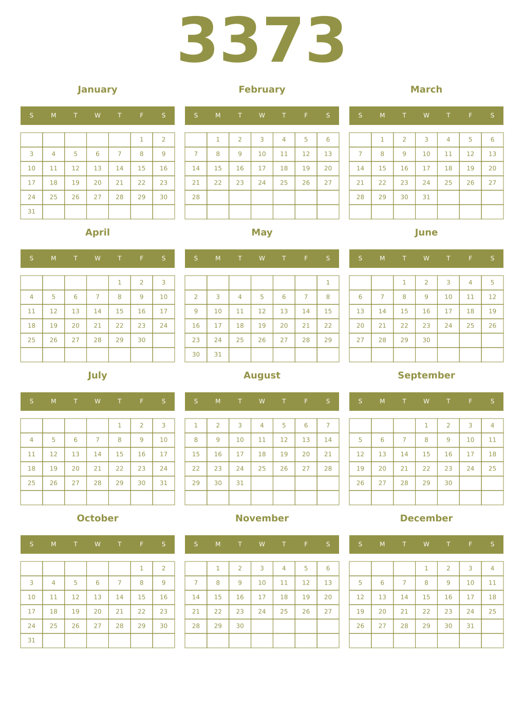 Printable 3373 Year Calendars eburnean