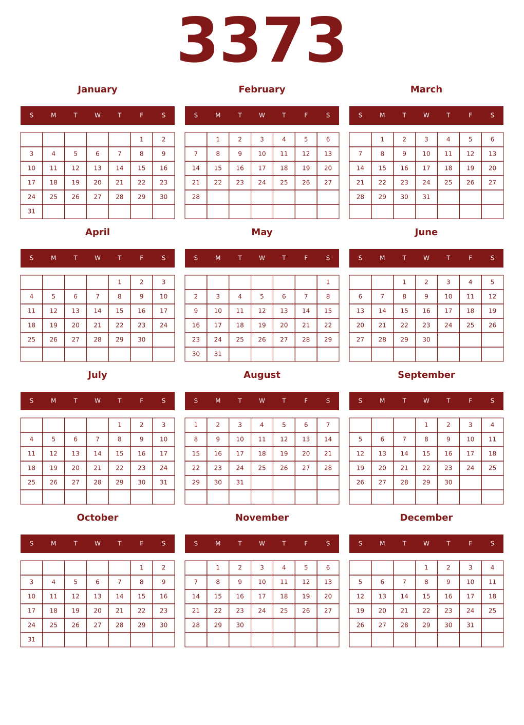 Printable 3373 Year Calendars falu