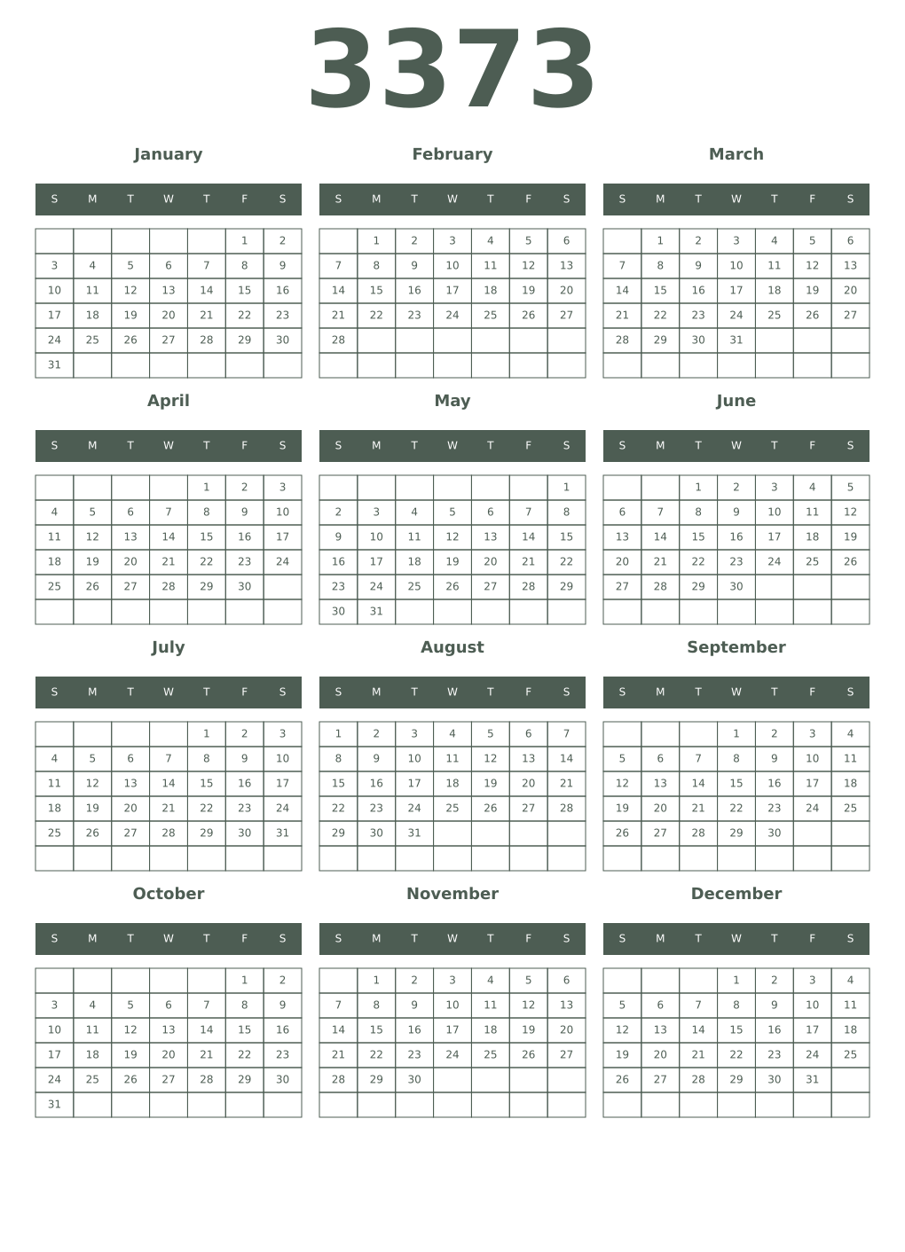 Printable 3373 Year Calendars feldgrau