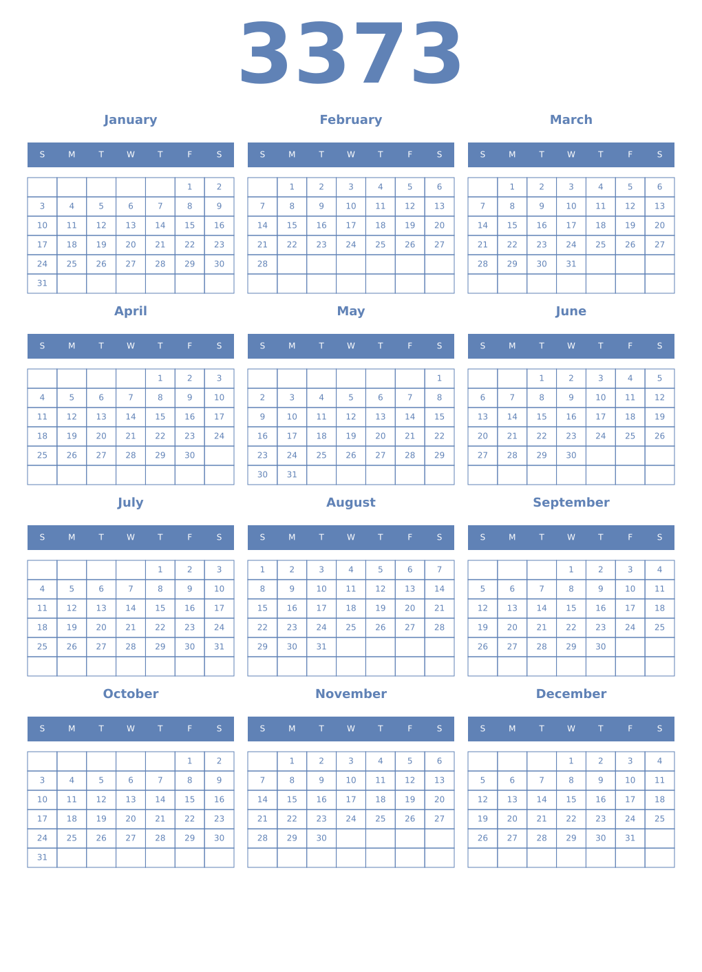 Printable 3373 Year Calendars glaucous
