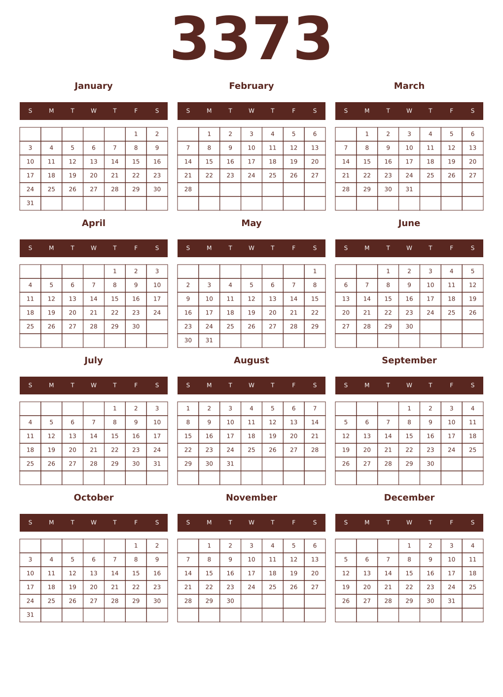 Printable 3373 Year Calendars mortuum